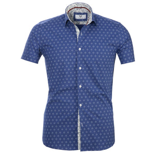 Blue White Circles Short Sleeve Button up Shirts for Men - Tailored Slim Fit Cotton Dress Shirts