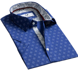 Blue White Circles Short Sleeve Button up Shirts for Men - Tailored Slim Fit Cotton Dress Shirts