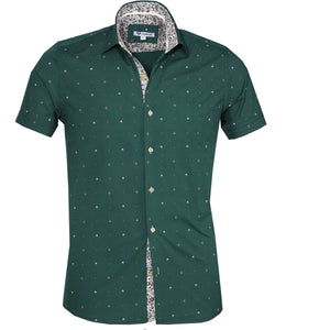 Dark Green Floral Short Sleeve Button up Shirts for Men - Tailored Slim Fit Cotton Dress Shirts