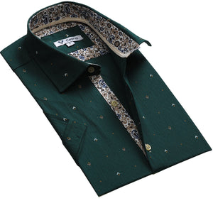 Dark Green Floral Short Sleeve Button up Shirts for Men - Tailored Slim Fit Cotton Dress Shirts