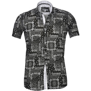 Black Grey Paisley Short Sleeve Button up Shirts for Men - Tailored Slim Fit Cotton Dress Shirts