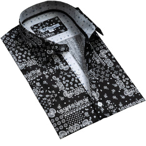 Black Grey Paisley Short Sleeve Button up Shirts for Men - Tailored Slim Fit Cotton Dress Shirts