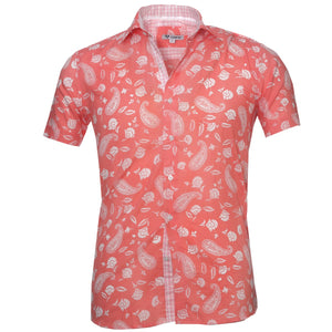 Salmon White Paisley Short Sleeve Button up Shirts for Men - Tailored Slim Fit Cotton Dress Shirts