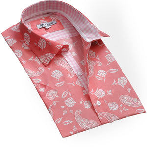 Salmon White Paisley Short Sleeve Button up Shirts for Men - Tailored Slim Fit Cotton Dress Shirts