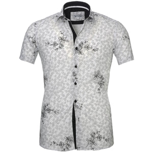 White Black Floral Short Sleeve Button up Shirts for Men - Tailored Slim Fit Cotton Dress Shirts