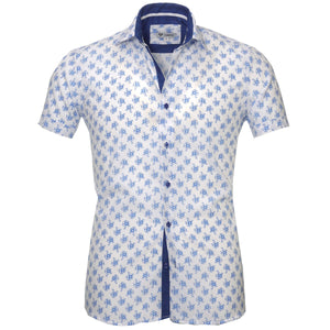 White Blue Floral Short Sleeve Button up Shirts for Men - Tailored Slim Fit Cotton Dress Shirts