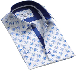 White Blue Floral Short Sleeve Button up Shirts for Men - Tailored Slim Fit Cotton Dress Shirts