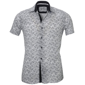 White Navy Blue Floral Short Sleeve Button up Shirts for Men - Tailored Slim Fit Cotton Dress Shirts