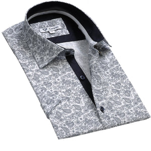 White Navy Blue Floral Short Sleeve Button up Shirts for Men - Tailored Slim Fit Cotton Dress Shirts