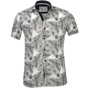 White Black Floral Short Sleeve Button up Shirts for Men - Tailored Slim Fit Cotton Dress Shirts