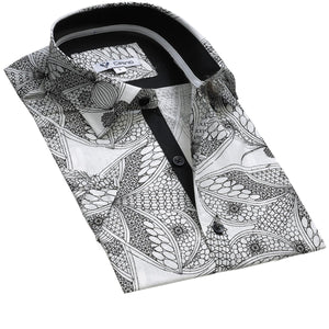 White Black Floral Short Sleeve Button up Shirts for Men - Tailored Slim Fit Cotton Dress Shirts