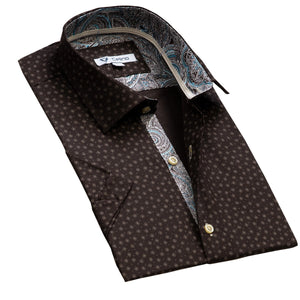 Chocolate Brown Blue Paisley Short Sleeve Button up Shirts for Men - Tailored Slim Fit Cotton