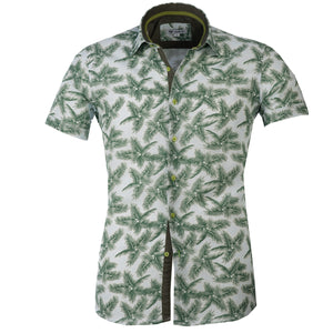 Celino White Green Trees Men's Slim Fit Short Sleeve Dress Shirt Made in Europe