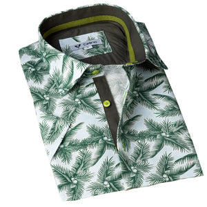Celino White Green Trees Men's Slim Fit Short Sleeve Dress Shirt Made in Europe