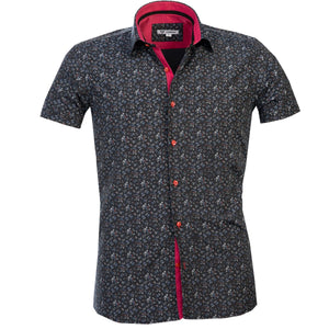 Black with Red Blue Floral Short Sleeve Button up Shirts for Men - Tailored Slim Fit Cotton Dress