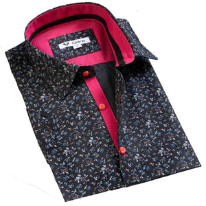 Black with Red Blue Floral Short Sleeve Button up Shirts for Men - Tailored Slim Fit Cotton Dress