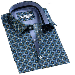 Pastel Blue & Yellow Floral Short Sleeve Button up Shirts for Men - Tailored Slim Fit Cotton Dress