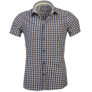 Brown Blue Checkered Short Sleeve Button up Shirts for Men - Tailored Slim Fit Cotton Dress Shirts