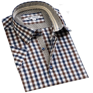 Brown Blue Checkered Short Sleeve Button up Shirts for Men - Tailored Slim Fit Cotton Dress Shirts