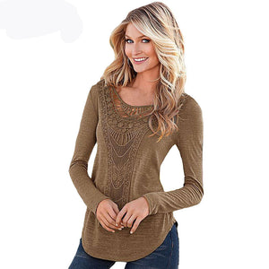 Women's Fashion Long Sleeve Round Neck Khaki T-Shirt Tops Sweater