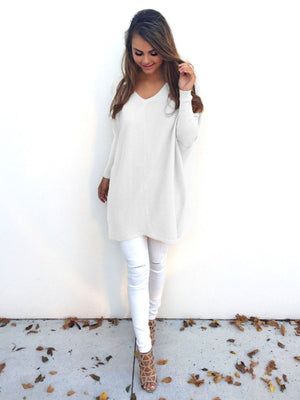 Celino Women's White Sexy Long Sleeve V Neck Autumn Knitted Tops Sweater - Celino Corp.