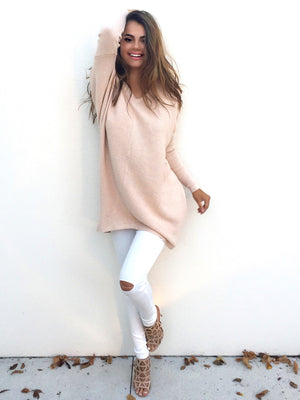 Celino Women's Peach Sexy Long Sleeve V Neck Autumn Knitted Tops Sweater