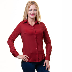 Womens European Satin Basic Button Down Shirt Slim Fit Non Iron Dress Shirts Red