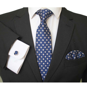 Navy Blue White Floral Designer Silk Floral Necktie with Matching Cufflinks & Pocket Square Set for Men