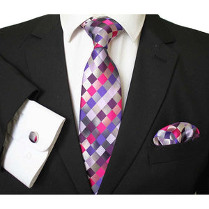 Pink Blue White Multi Color Designer Silk Floral Necktie with Matching Cufflinks & Pocket Square Set for Men