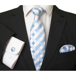Sky Blue & White Designer Silk Floral Necktie with Matching Cufflinks & Pocket Square Set for Men