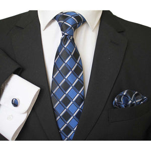 Blue & Black Designer Silk Floral Necktie with Matching Cufflinks & Pocket Square Set for Men