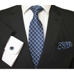 Celino Navy Blue And White Silk Necktie with Cufflinks & Pocket Square for Men