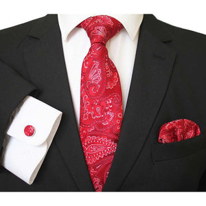 Celino Red And White Paisley Silk Necktie with Cufflinks & Pocket Square for Men