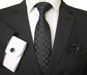 Celino Jet Black Squares Silk Necktie with Cufflinks & Pocket Square for Men