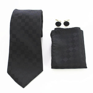 Black Squares Designer Silk Floral Necktie with Matching Cufflinks & Pocket Square Set for Men