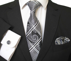 Celino Silver Grey Black Silk Necktie with Cufflinks & Pocket Square for Men