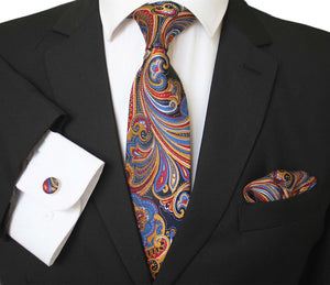 Multi Color Paisley Designer Silk Floral Necktie with Matching Cufflinks & Pocket Square Set for Men