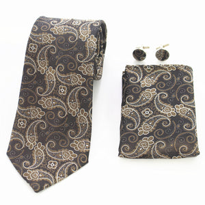 Lines & Checked Multi Color Designer Silk Floral Necktie with Matching Cufflinks & Pocket Square Set for Men