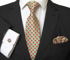 Textured Multi Color Designer Silk Floral Necktie with Matching Cufflinks & Pocket Square Set for Men