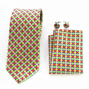Textured Multi Color Designer Silk Floral Necktie with Matching Cufflinks & Pocket Square Set for Men