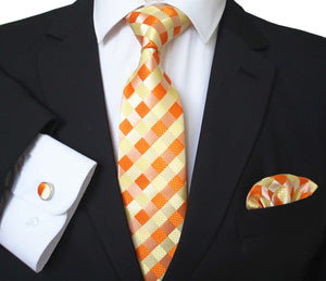 Check Orange White Designer Silk Floral Necktie with Matching Cufflinks & Pocket Square Set for Men