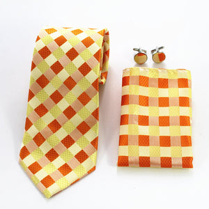 Check Orange White Designer Silk Floral Necktie with Matching Cufflinks & Pocket Square Set for Men