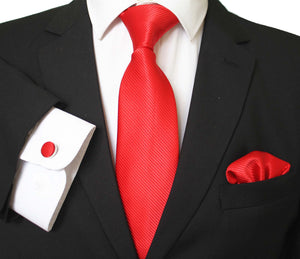 Celino Solid Candy Red Silk Necktie with Cufflinks & Pocket Square for Men