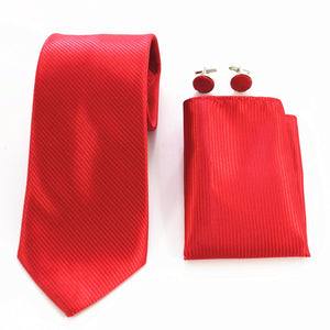 Red Color Designer Silk Floral Necktie with Matching Cufflinks & Pocket Square Set for Men