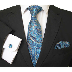 Textured Blue Designer Silk Floral Necktie with Matching Cufflinks & Pocket Square Set for Men