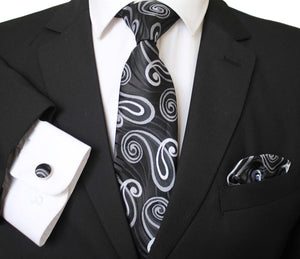 Black Color White Paisley Designer Silk Floral Necktie with Matching Cufflinks & Pocket Square Set for Men