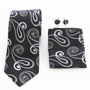 Black Color White Paisley Designer Silk Floral Necktie with Matching Cufflinks & Pocket Square Set for Men