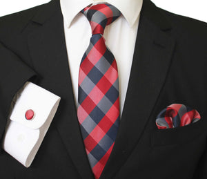 Celino Red Grey Plaid Silk Necktie with Cufflinks & Pocket Square for Men