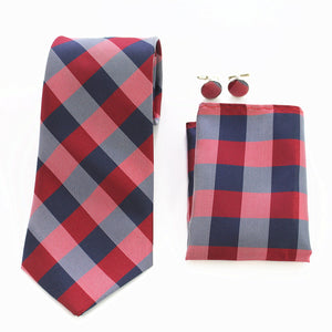 Check Multi Color Designer Silk Floral Necktie with Matching Cufflinks & Pocket Square Set for Men