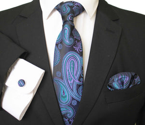 Celino Lapis Blue And Black Silk Necktie with Cufflinks & Pocket Square for Men